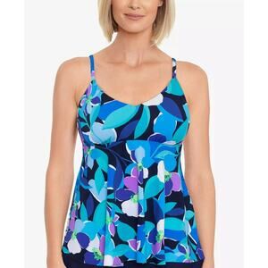 Swim Solutions V-Neck Underwire Tankini Top Swimsuit Beach Tropical Navy Size 10